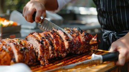 A chef carving into a whole grilled pork neck, revealing tender and flavorful meat beneath the caramelized surface.