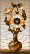 Illustration in stained glass style with floral still life, a bouquet of sunflowers in a  vase, tone brown