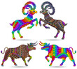 Stained glass illustrations with abstract bulls and rams, animals isolated on a white background