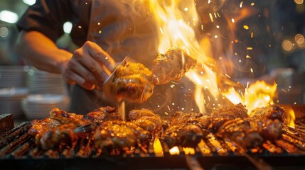 Wall Mural - A chef flipping marinated chicken thighs on a flaming grill, the enticing aroma drawing in hungry onlookers.