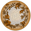 Illustration in the stained glass style with a wreath of  flowers, round image, tone brown