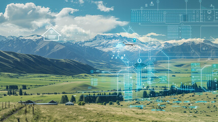 Fototapete -  an infographic showcasing a Digital composite of IOT interface against green fields and mountains in the background.