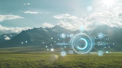 Fototapete -  an infographic showcasing a Digital composite of IOT interface against green fields and mountains in the background.