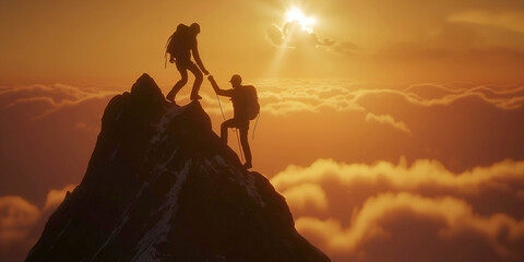 Wall Mural - Silhouette two climbers help each other to reach the top of the mountain, fighting spirit and togetherness theme..