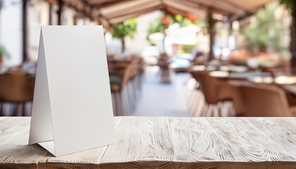 Aufkleber - Three-Dimensional Blank Table Tent Mockup for Eatery Menu, blurred restaurant background
