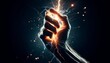 © FantasyLand86 - A hand holding a lightning bolt, with electric sparks and energy radiating out in a close-up.