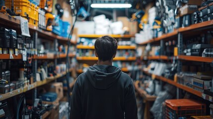 Poster - An electrician in a storeroom of electrical supplies. Generative AI.