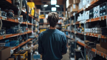 Poster - An electrician in a storeroom of electrical supplies. Generative AI.