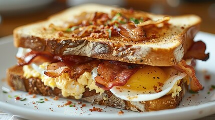 Wall Mural - A close-up shot of food on a white plate, featuring two slices of bread with bacon and eggs in between, creating an appealing breakfast sandwich. Generative AI.