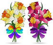 Set of contour illustrations in stained glass style with bouquets of daffodils , isolated  on a white background