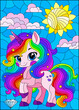 A stained glass illustration with a cute cartoon unicorn on a cloudy sky background