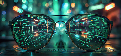 Poster - A pair of glasses with circuitry and data flowing through them, reflecting in the lenses. The background is a dark green with neon lights. There is an array of computer equipment. Generative AI.
