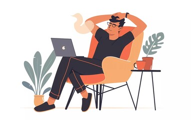 Relaxed man sitting in chair with hand on head with laptop and coffee vector. Flat vector illustration 