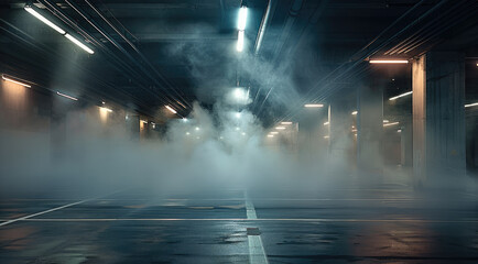 Aufkleber - Empty parking garage, smoke and dust in the air, low light, dark background. Generative AI.