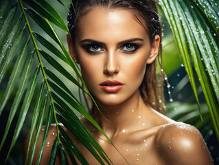 Wall Mural - beautiful girl in palm leaves. Beautiful young wet woman with Make-up. Tropical Rain