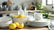 Set of white dishes with cleaning supplies and lemons