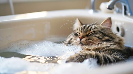 Poster - A fluffy cat blissfully lounging in a bathtub filled with warm, sudsy water.