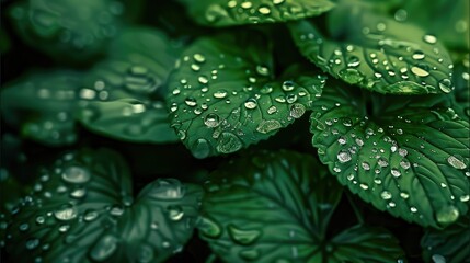 Poster - Close-up view of raindrops on leaves, Each raindrop sits delicately on the surface of the leaf, reflecting the surrounding environment like a miniature mirror. Generative AI.