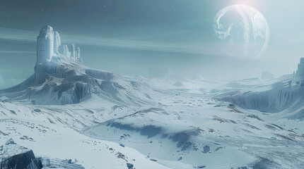 Poster - A futuristic snow-covered planet. Generative AI.