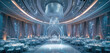 A large wedding hall with an indoor circular stage, futuristic style, white and silver color scheme, silver installation design elements on the ceiling of each table. Generative AI.