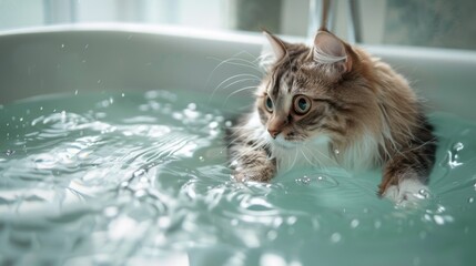 Poster - A majestic cat perched on the edge of a bathtub, staring intently at the swirling water below.