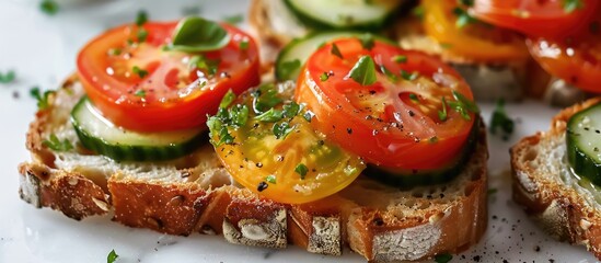 Toast topped with cooked tomatoes and cucumbers on a white surface