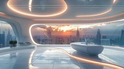 Poster - A futuristic minimalist newsroom, news set, newscaster set, desk, organic architecture, skyline. Generative AI.