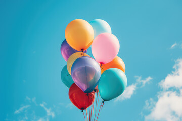 Bunch of colorful helium balloons are floating high up in blue sky