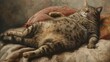 A portly tabby cat reclining on a soft pillow, its belly bulging in a state of serene slumber.