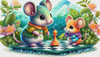 oil painting style CARTOON CHARACTER CUTE baby mouse and chess isolated on white background, top view. side front, animal