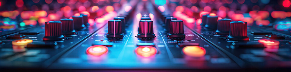 Wall Mural - DJ mixer console in nightclub in booth close up