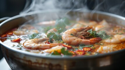 Poster - A steaming hot pot of traditional Thai Tom Yum Goong soup, filled with succulent shrimp, fragrant herbs, and spicy chili peppers.