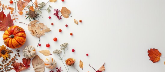 Canvas Print - Autumn arrangement featuring dried leaves, pumpkins, flowers, and rowan berries displayed on a white background. Represents the essence of autumn, fall, Halloween, and Thanksgiving.