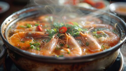 Poster - A steaming hot pot of traditional Thai Tom Yum Goong soup, filled with succulent shrimp, fragrant herbs, and spicy chili peppers.