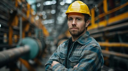 Determined Factory Worker in Industrial Environment Wearing Safety Helmet