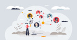 Fototapeta  - People analytics and HR data research for effective teamwork tiny person concept. Sociological monitoring and analysis with human resources data collecting and transforming vector illustration.