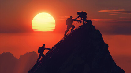 Poster - Silhouette two climbers help each other to reach the top of the mountain, fighting spirit and togetherness theme..