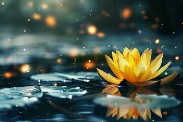 Serene Water Lily Illuminated by Golden Light on Tranquil Waters. Horizontal banner with copy space