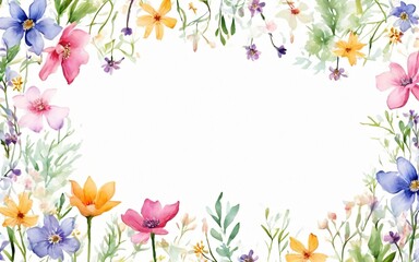 Watercolor spring flowers frame with white background.