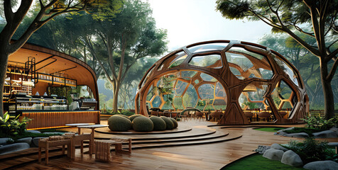 Aufkleber - The coffee shop is a semi-circular dome and the structure is made from bamboo. Generative AI.