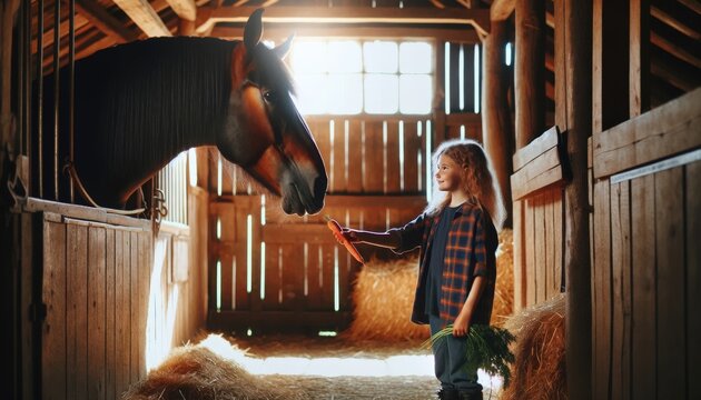 A young girl giving a carrot to a horse in a rustic barn setting.
