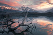 Dramatic Sunset Reflections in Mountain Lake
