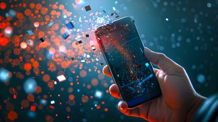 Aufkleber - Hand holding a smartphone with digital particles emanating. Conceptual tech imagery. Modern device with abstract data flow. Visual representation of digital communication. AI