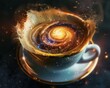 A surreal depiction of a galaxy swirling inside an espresso cup, with stars and nebulae forming from the coffees crema, blending the cosmos with caffeine