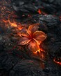A surreal phenomenon where flowers bloom from volcanic ash, their petals glowing with fiery colors, representing life and beauty emerging from destruction