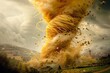 A towering tornado made entirely of spaghetti and meatballs, swirling above a traditional countryside, creating a surreal yet appetizing natural disaster