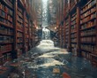 A visually striking scene where a waterfall cascades over shelves in a grand library, with water flowing between books, creating a surreal blend of nature and knowledge