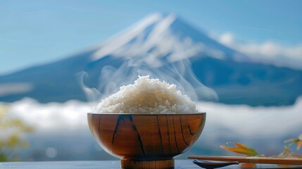 Canvas Print - Perfectly cooked white rice in a traditional Japanese wooden bowl, close-up detail showing the steam and texture of the grains, majestic Mount Fuji in the background. Generative AI.