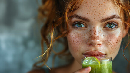 Wall Mural - Close-up portrait of a beautiful red-haired girl with freckles on her face, holding a glass of fresh detox juice.