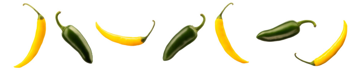Wall Mural - Hot green and yellow chili or chilli pepper isolated on white background.
